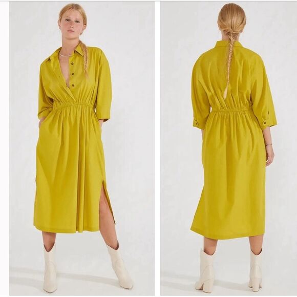 Etica Tina Shirt Dress 100% Organic Cotton Poplin Midi Natural Yellow Dress S - Picture 1 of 8